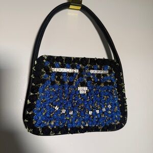 Julie Feldman Black and Blue Floral Appliqué Shoulder Bag Handmade